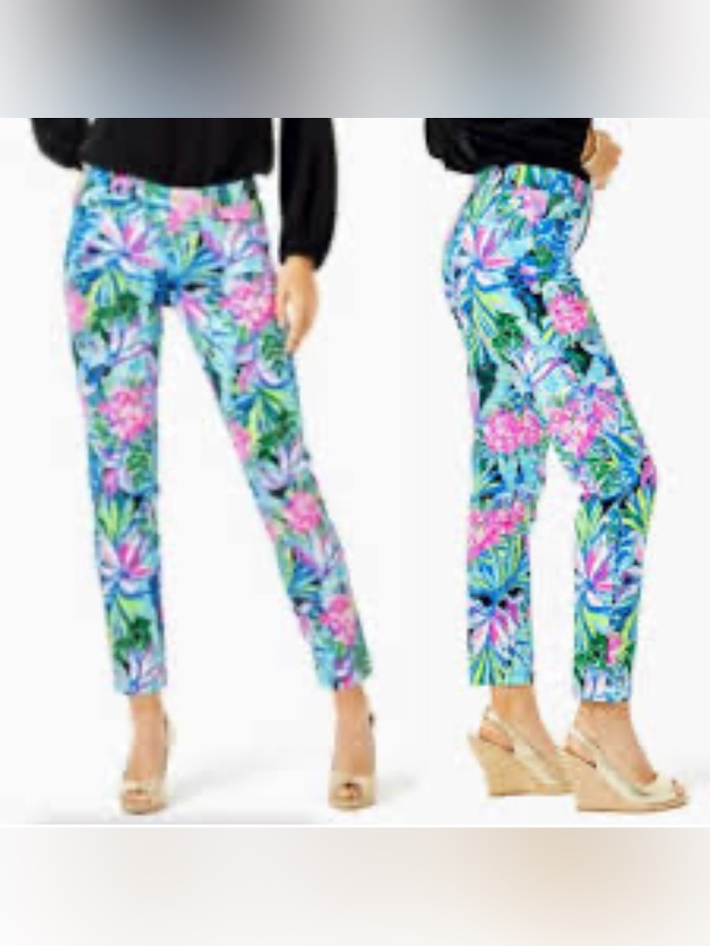 Floral Print Slim Ankle Pants - Pink & Blue